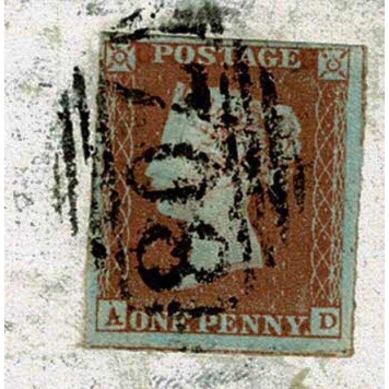 1d red "AD" on entire to London. Shrewsbury 708 horizontal  oval cancellation. SG 8-12