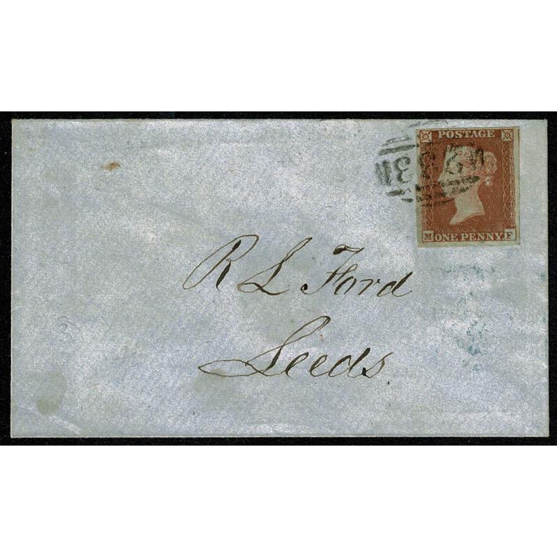 1d red "MF" on envelope to Leeds. Darlington horizontal oval cancellation.