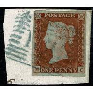 1d Red "MC" on piece with Scottish numeral cancellation. SG 8/12