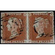 1d Red pair "JG-JH". Fine used 4 margins, numeral cancellation. SG 8/12