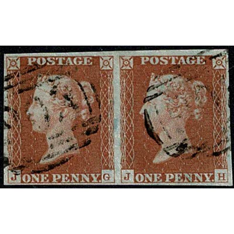 1d Red pair "JG-JH". Fine used 4 margins, numeral cancellation. SG 8/12