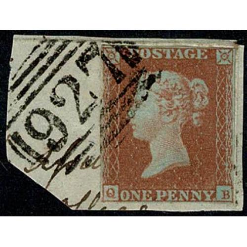 1d Red "QB". Fine used on piece, numeral cancellation. SG 8/12