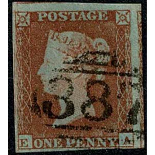1d Red "EA" Plate 160. "387" Huddersfield cancellation. SG 8-12