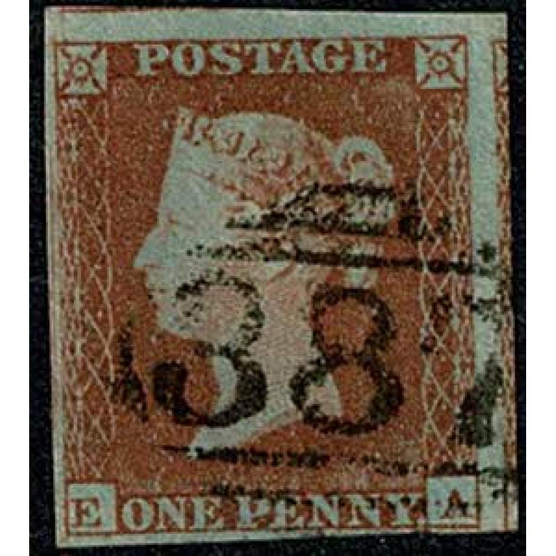 1d Red "EA" Plate 160. "387" Huddersfield cancellation. SG 8-12