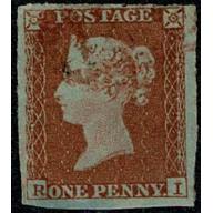 1d Red "RI" Plate 145. Scarce LARGE PART RED NUMERAL CANCELLATION. SG 8-12