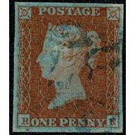 1d Red "RE" Plate 115. Blue London cancellation. SG 8-12
