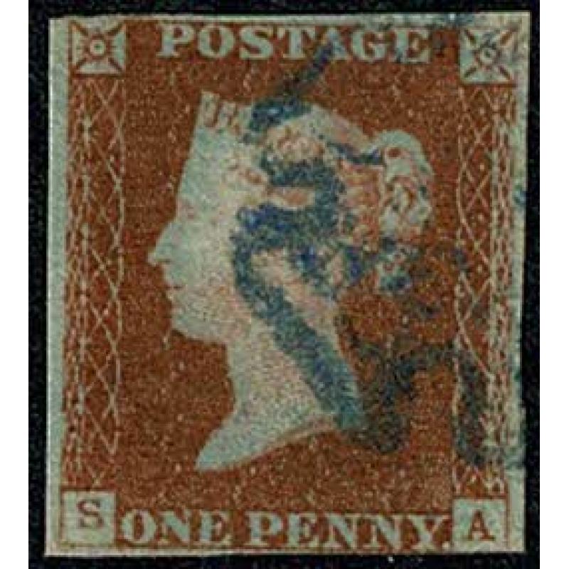 1d Red "SA" Plate 24. Blue Maltese Cross cancellation. SG 8-12