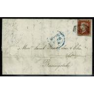 1d Red "NI " on entire with London "27" oval with diamond cancellation. SG 8-12