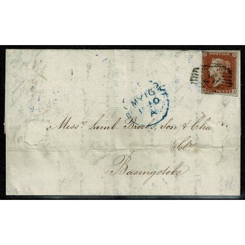 1d Red "NI " on entire with London "27" oval with diamond cancellation. SG 8-12