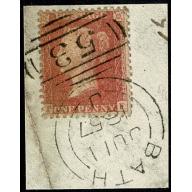 1d Pale red on transitional paper. On piece "BATH" Sideways Duplex cancellation 1857. Stated to be Plate 47.