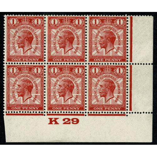 1929 PUC 1d scarlet. Plate K29 block with listed variety " Co joined" SG Spec. NCom6e