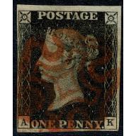 1d intense black "AK" Plate 7. Cancelled by red Maltese cross.