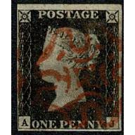 1d Black "AJ" Plate 2. Cancelled by red Maltese cross.