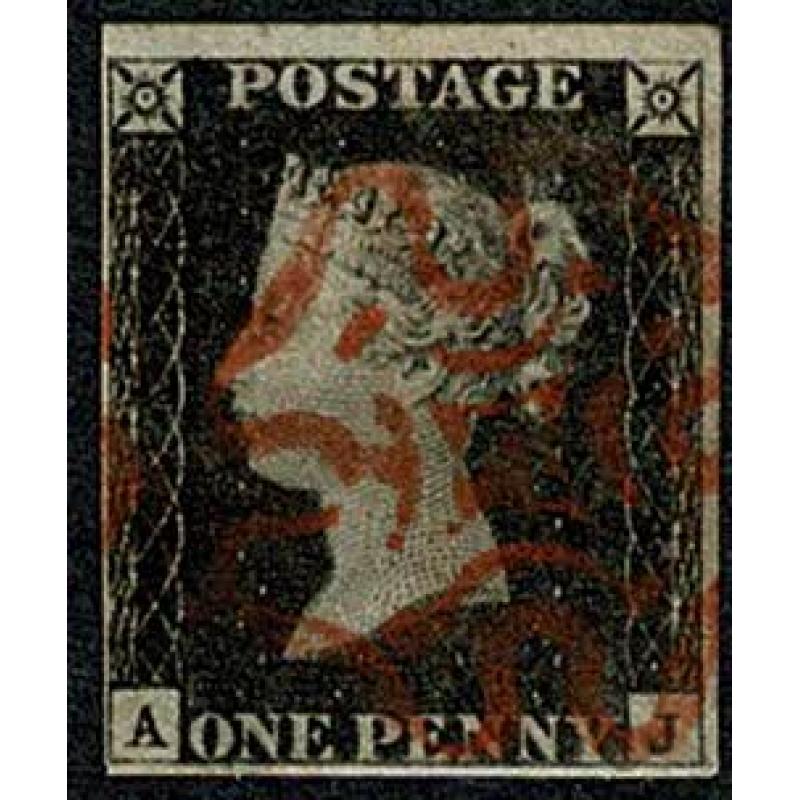 1d Black "AJ" Plate 2. Cancelled by red Maltese cross.