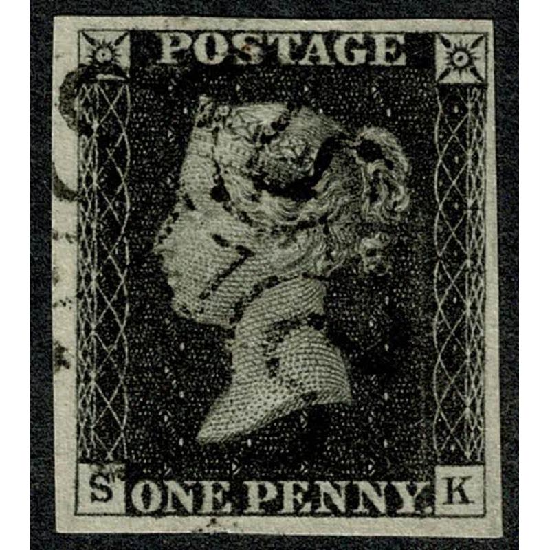 1d Black. Plate 1b "SK". Four margins cancelled by black Maltese Cross