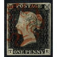 1d Black. Plate 2 "TE". Four margins cancelled by neat red Maltese Cross.