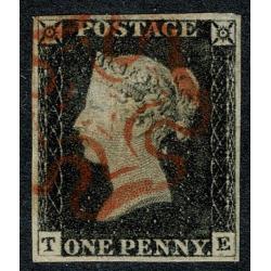 1d Black. Plate 2 "TE". Four margins cancelled by neat red Maltese Cross.