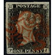 1d Grey black. Plate 1a "PJ". Cancelled by red Maltese Cross