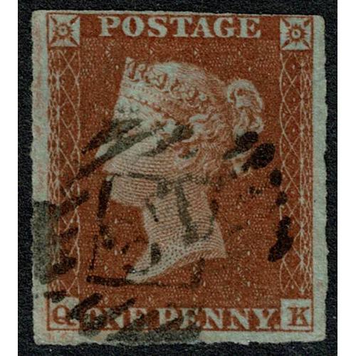 1d red "QK" stated to be Plate 158. London Inland 37 cancel. Scarce latre number on imperfs.