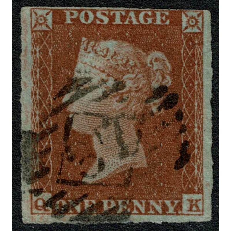 1d red "QK" stated to be Plate 158. London Inland 37 cancel. Scarce latre number on imperfs.