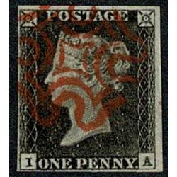 1d Black "IA" Plate 1a. Cancelled by almost complete bright red Maltese cross.