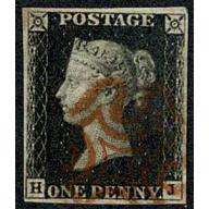 1d intense Black "HJ" Plate 6. Cancelled by red Maltese cross