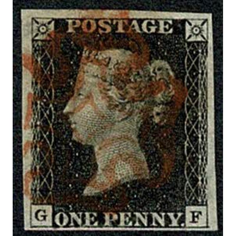 1d Black "GF" Plate 4. Fine four margins cancelled by red Maltese cross.