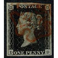 GB 1d Black "DD" Plate 5. Cancelled by red Maltese cross.