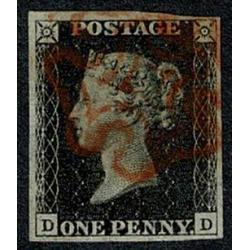 GB 1d Black "DD" Plate 5. Cancelled by red Maltese cross.