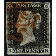 1d grey Black "HH" Plate 1a. 4 margins. Cancelled by red Maltese cross.