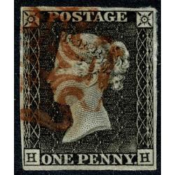 1d grey Black "HH" Plate 1a. 4 margins. Cancelled by red Maltese cross.