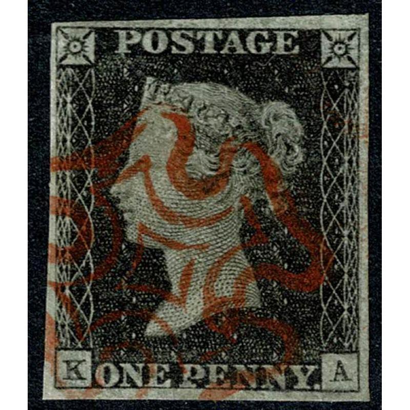 1d grey black "KA" Plate 2. Cancelled by almost complete red Maltese Cross.