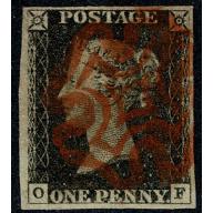 1d black "OF" Plate 1b. Cancelled by bright red Maltese Cross.