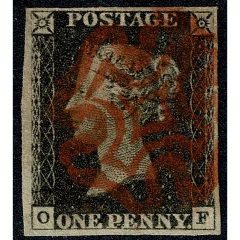 1d black "OF" Plate 1b. Cancelled by bright red Maltese Cross.