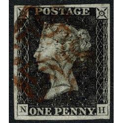 1d black, "NH" Plate 1b. Cancelled by RED and BLACK Maltese cross cancellations. Also with variety - retouched check letter. SG Spec A55e.
