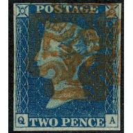 1840 2d Blue "QA" Plate 1. Fine used four margins with red Maltese Cross cancel.