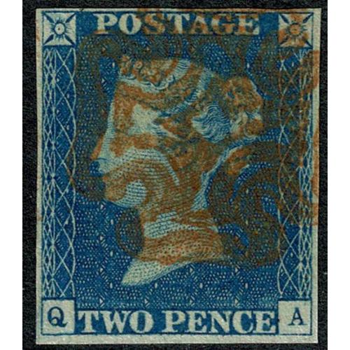 1840 2d Blue "QA" Plate 1. Fine used four margins with red Maltese Cross cancel.