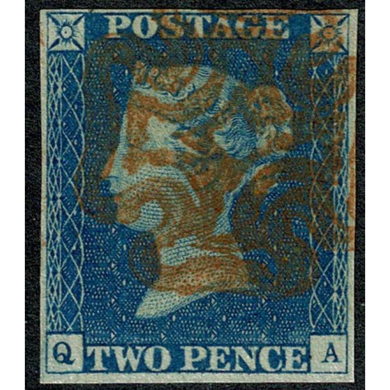 1840 2d Blue "QA" Plate 1. Fine used four margins with red Maltese Cross cancel.