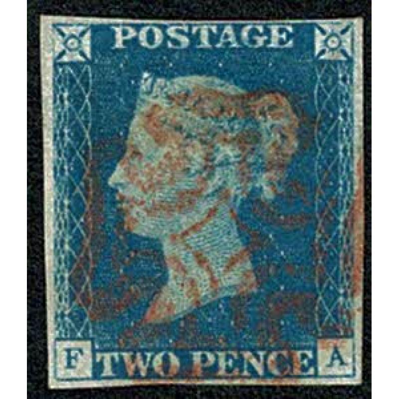 1840 2d pale blue "FA" Plate 1. Cancelled by red Maltese cross.