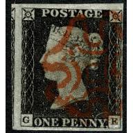 1d intense Black. Plate 2 "GE". Four close to extra large margins cancelled by neat red Maltese Cross