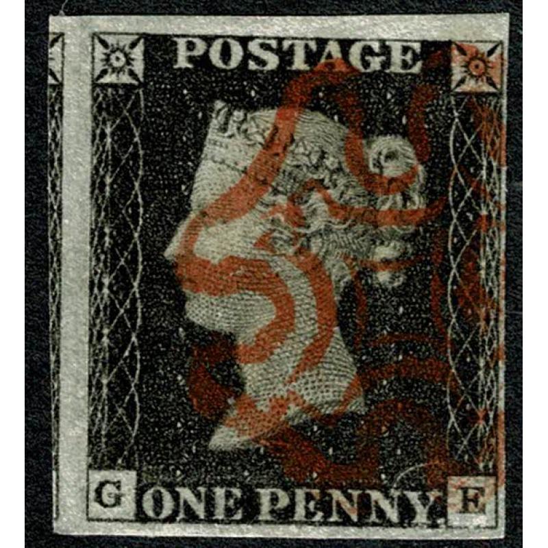 1d intense Black. Plate 2 "GE". Four close to extra large margins cancelled by neat red Maltese Cross