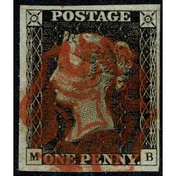 1d black "MB" Plate 2. 4 good to large margins. Cancelled by red Maltese Cross.