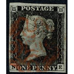 1d grey black "NE" Plate 6. 4 margins. Cancelled by red Maltese Cross.