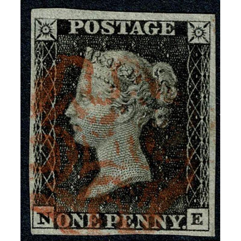 1d grey black "NE" Plate 6. 4 margins. Cancelled by red Maltese Cross.