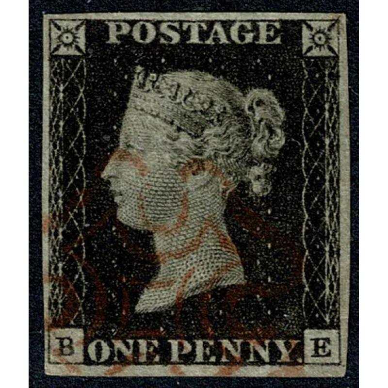 1d black "BE" Plate 2. 4 margins. Cancelled by red Maltese Cross.
