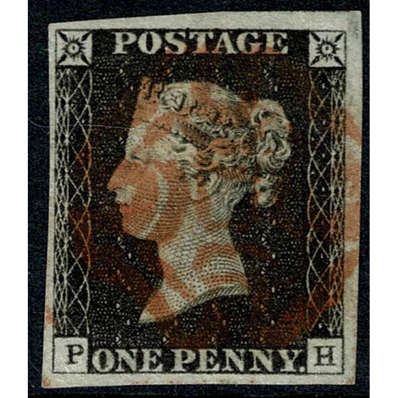 1d black "PH" Plate 2. 4 good to large margins. Cancelled by red Maltese Cross