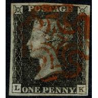 1d black "LK" Plate 5. 4 margins. Cancelled by red Maltese Cross.