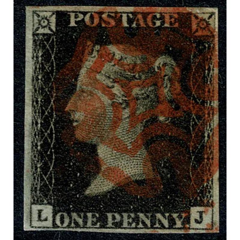 1d black "LJ" Plate 7. Cancelled by red Maltese Cross.