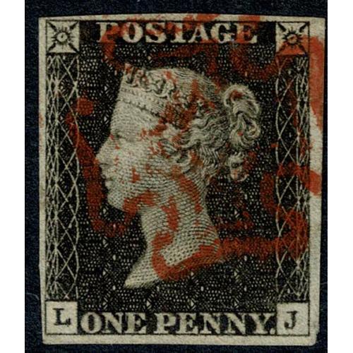 1d intense black "LJ" Plate 2. Cancelled by red Maltese Cross.