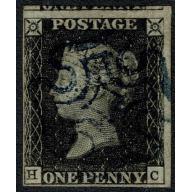 1d black "HC" Plate 5. BLUE-BLACK Maltese cross cancellation. Certificated.